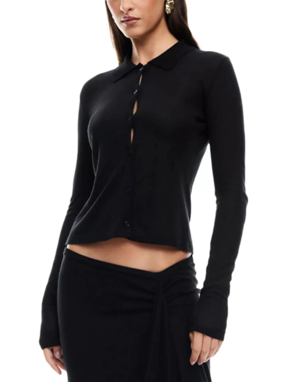 Lioness Black Onyx Banks Long Sleeve Ribbed Button-Up Knit Top XS New